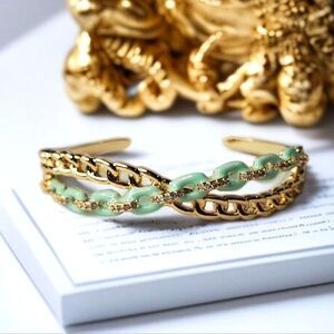 18k Gold Plated Chain Link Mint Enamel Cuff Bangle Bracelet